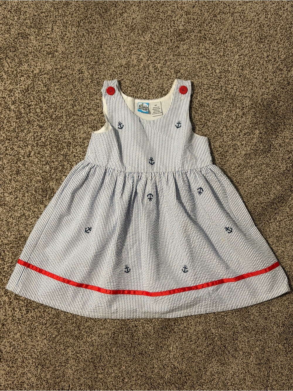 Girls' Navy Anchor Seersucker Dress with Red Trim